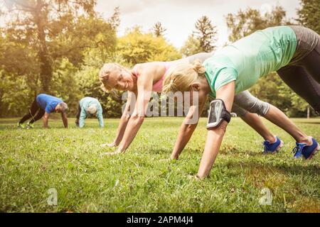 Pushups on a meadow in a park Stock Photo