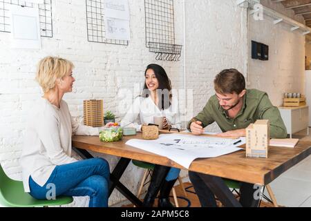 Three colleagues sharing desk in architect's office Stock Photo