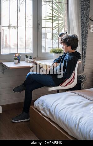Boy reading book at home Stock Photo