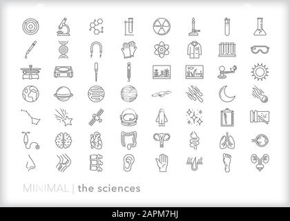 Set of more than 50 science education line icons of biology, physics, chemistry, anatomy, astronomy for learning and teaching basic science principles Stock Vector
