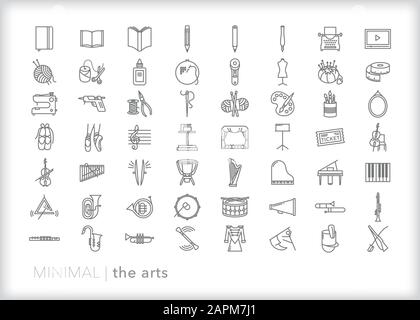 Set of more than 50 education arts line icons of music, writing, literature, drawing, painting, craft, dance, orchestra, jazz, symphony Stock Vector