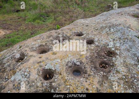 Acorn grinding mortar stones at the Wildlands Conservancy Mariposa Reserve, Tongva American native Indian village Cleveland National Forest California Stock Photo