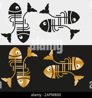 minimal black logo of two fish in art deco style and gold Stock Vector