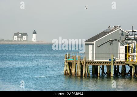 Part of lobster processing facility with Prospect Harbor Point lighthouse on background in northern Maine, USA Stock Photo