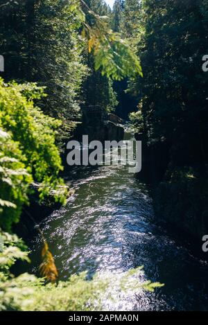 Capilano River, Vancouver, Canada, running through a lush, wooded valley, with mountains in the background. Stock Photo