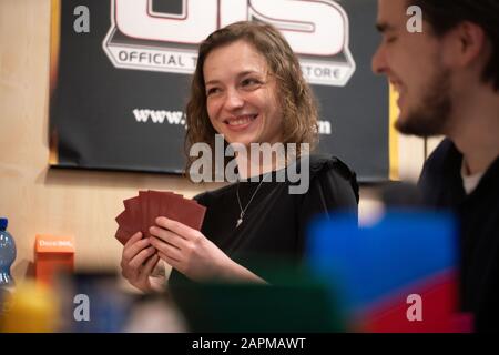 10 January 2020, Hessen, Frankfurt/Main: Gesine Blümel (26) takes part with many of her fellow players in a tournament of the trading card game 'Magic'. Photo: Frank Rumpenhorst/dpa Stock Photo