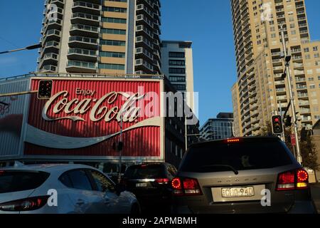 An Iconic Landmark the new Coca-Cola Billboard is a faithful upgrade of the Original Neon Sign at the top of William Street in Kings Cross, Sydney Stock Photo