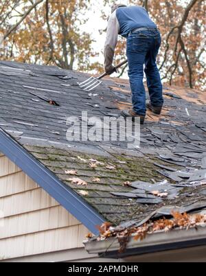 A worker uses a special tool to pry old shingles off the top of this old house Stock Photo