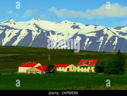 The view of a farmhouse overlooking snowy mountains along the Ring Road during summer near Western Iceland Stock Photo
