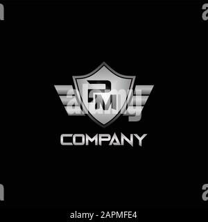 Letter PM Alphabetic Logo Design Template with Shield and Wings Element, Security Logo Concept, Antivirus Defender, Metal Look, Black and Gray Color Stock Vector