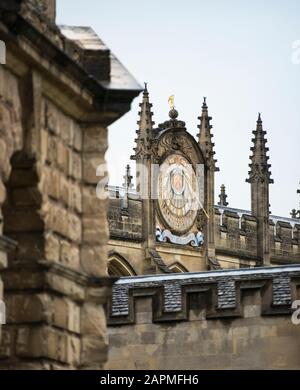 All Souls College Sun Dial, Codrington Library, Oxford, England. Radcliffe Camera in foreground. Designed by Sir Christopher Wren. Gothic pinnacles. Stock Photo