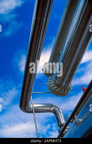 A new petrochemical refinery process plant under construction close-up detail Stock Photo