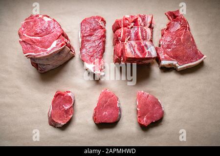 Steak meat. Beef. High-quality beef. Steak meat. Beef. High-quality beef is taken from the hindquarters of the animal typically cut into thick slices Stock Photo