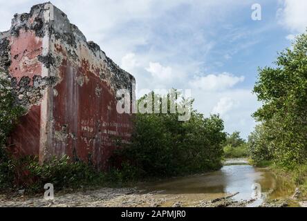 Old remains of Exhacienda Real de Salinas, where they use to produced salt. At Celestun in the state of Yucatan, Mexico Stock Photo