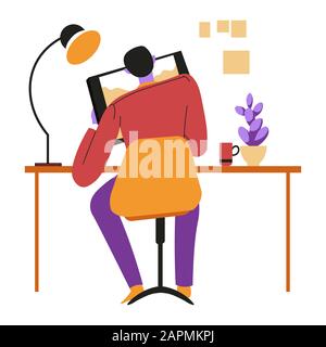 Illustrator or designer drawing on tablet or pad, isolated character Stock Vector