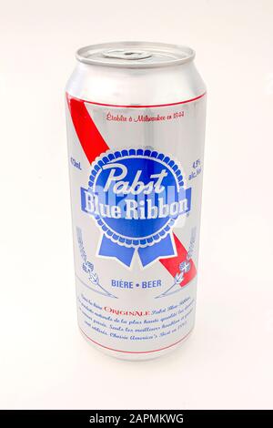 Calgary Alberta Canada. Jan 23 2020. A Pabst Blue Ribbon tall can beer on white background Stock Photo