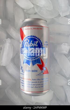 Calgary Alberta Canada. Jan 23 2020. A Pabst Blue Ribbon tall can beer on white background Stock Photo