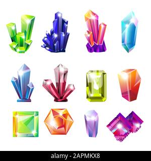 Crystals isolated icons, uncut gemstones or natural resources Stock Vector