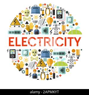 Electricity icons on banner, electrician tools and energy generation Stock Vector