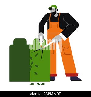 Man gardener cutting bush, worker trims plants in garden Stock Vector