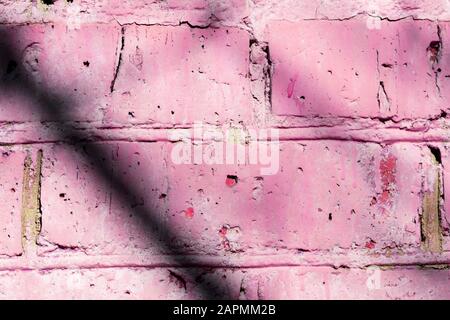 Fragment of an old brick wall painted pink paint with a shadow from tree branches on a sunny day. Abstract background Stock Photo