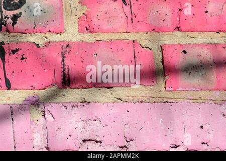 Fragment of an old brick wall painted pink paint with a shadow from tree branches on a sunny day. Abstract background Stock Photo