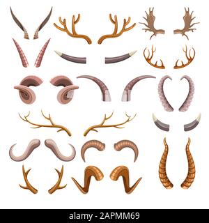 Horns collection with colorful hunting trophies of animals Stock Vector