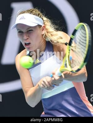 Melbourne, Australia. 24th Jan, 2020. CAROLINE WOZNIACKI (DEN) in action against ONS JABEUR (TUN) on Melbourne Arena in a Women's Singles 3rd round match on day 5 of the Australian Open 2020 in Melbourne, Australia. Sydney Low/Cal Sport Media. JABEUR won 75 36 75. Credit: csm/Alamy Live News Stock Photo