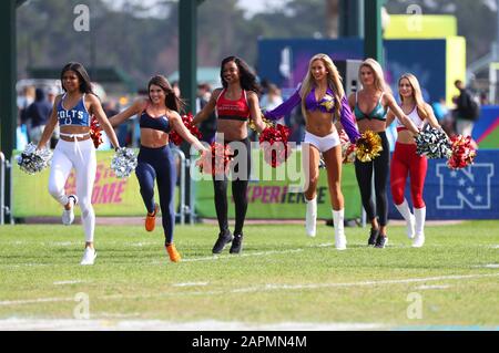 Kississimee, Florida, USA. 23rd Jan, 2020. NFL cheerleaders of the Indianapolis Colts, Denver Broncos, Atlanta Falcons, Minnesota Vikings, Philadelphia Eagles and Kansas City Chiefs perform before both the NFC and AFC teams practice, Thursday, Jan 23, 2020, in Kississimee, Florida. (Photo by IOS/ESPA-Images) Credit: European Sports Photographic Agency/Alamy Live News Stock Photo