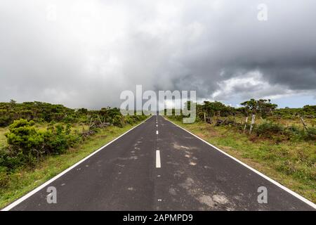 Fast moving coastal clouds billowing over the EN3 road on Pico island in the Azores, Portugal. Stock Photo
