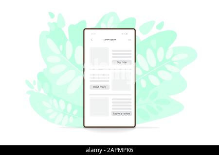 Vector flat illustration of smartphone in green leaves. Modern cell phone icon. Stock Vector