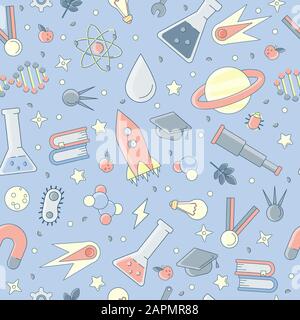 Back to school pattern. Science flat seamless pattern with scientific elements - molecule, atom structure, rocket, books, water and other on one Stock Vector