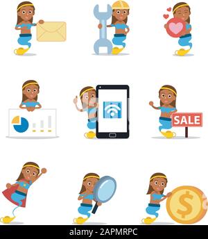 Set of character women genie in a bottle. Stock Vector