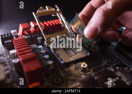 Technician plug in CPU microprocessor to motherboard socket. Workshop background. PC upgrade or repair concept. Stock Photo