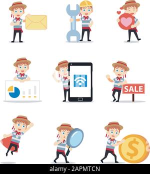 Set of character a gondolier male working in Venetian Lagoon. Stock Vector