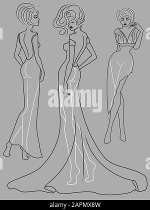 Abstract outline of three graceful ladies in fashionable clothes isolated on the muted blue gray background Stock Vector