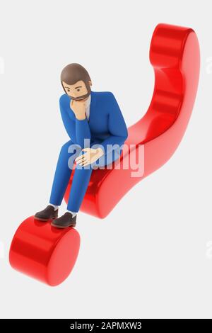 Cartoon character businessman sits on a question mark in thought. The concept of unresolved issues in business. 3d rendering Stock Photo