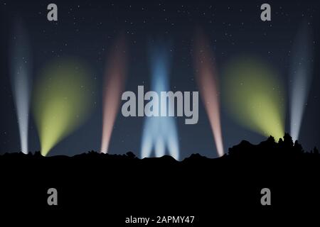 Colorful spotlights in the night sky. outer disco. Vector illustration. Dark forest. Stock Vector