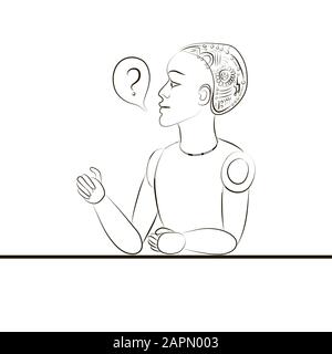 Black outline of female robot with speech bubble. Woman profile with gears for brain. Hand drawing. Robotics and robots neurophysiology. Artificial in Stock Vector