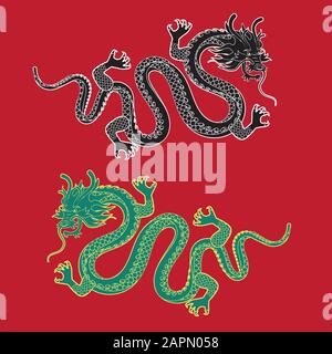 Illustration of Traditional chinese Dragon on a red isolated background ,vector illustration Stock Vector