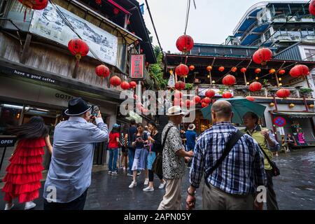 Jiufen, Taiwan – 10 June, 2019: Unidentified People visit heritage Old Town of Jiufen in New Taipei City, Taiwan. Stock Photo