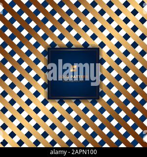 Gold and blue seamless lattice diagonal lines pattern on white background. Vector illustration Stock Vector