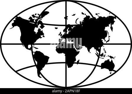 World planet map elongated circle black icon. Globe earth continents vector oval isolated symbol Stock Vector
