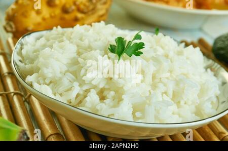 Wali wa Nazi, Coconut rice, Kenyan cuisine, Traditional assorted African dishes, Top view. Stock Photo