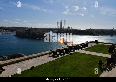 Valletta Saluting Battery firing at noon Stock Photo