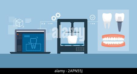 Medical 3D printing process of dental prosthesis and implants: 3D modeling with software, printing and final products Stock Vector