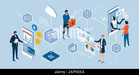 Innovative technologies and finance trends: business people interacting with digital interfaces, charts and artificial intelligence Stock Vector