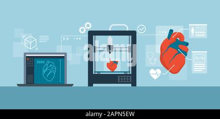 Medical 3D printing process of human heart: project, printing and final product Stock Vector