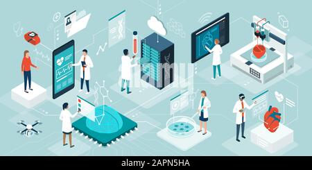 Doctors and researchers using innovative technologies for medicine and healthcare: medical wearables, AI, 3D printed and digital organs, stem cells an Stock Vector