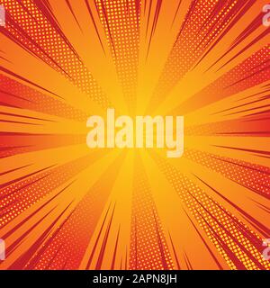 Comic pop art background speed lines halftone dots. Vector illustration on red background. Stock Vector